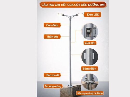 Cột đèn 9m được cấu tạo bằng thép tinh luyện chất lượng cao